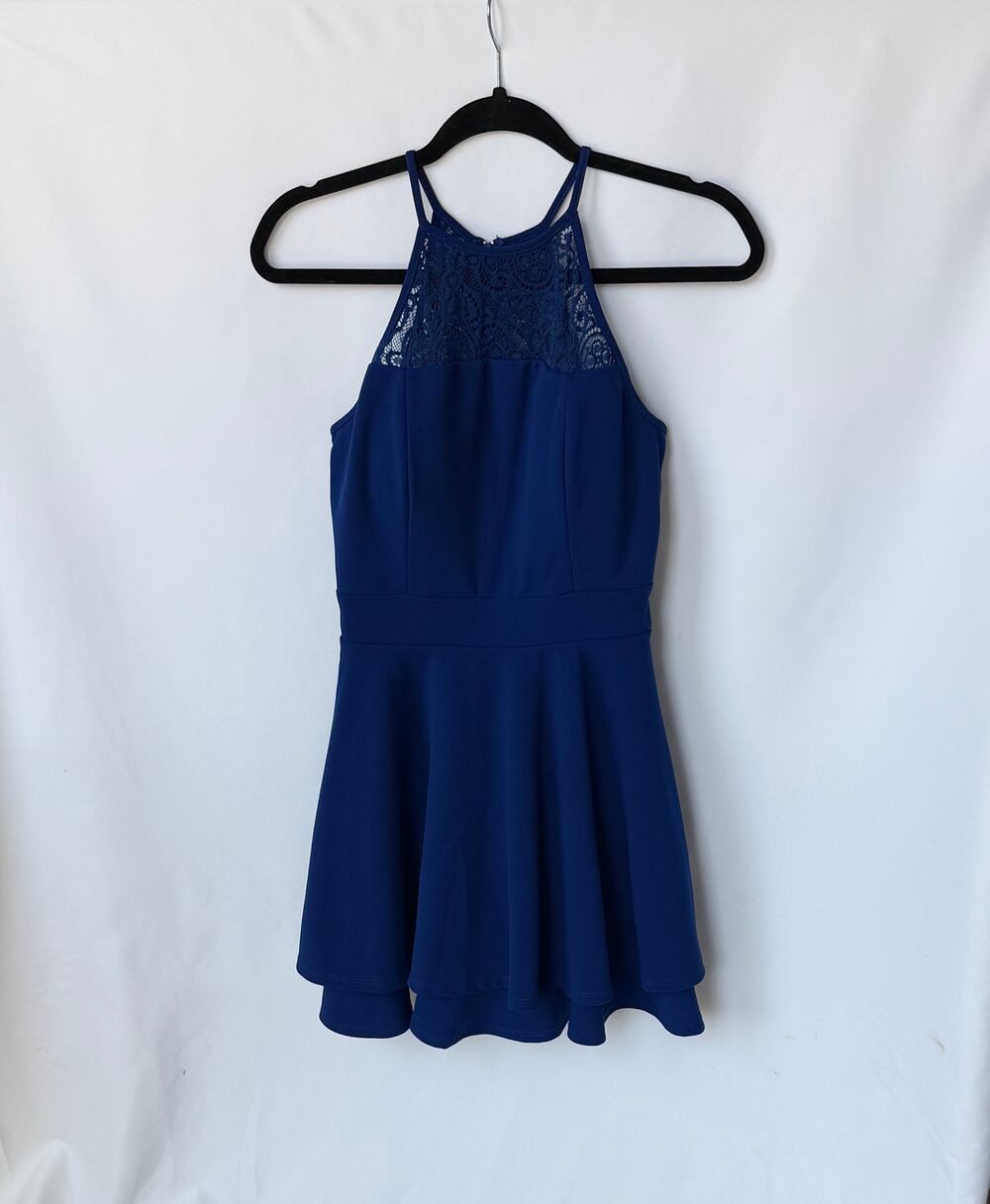 Emerald Sundae Medium Royal Blue Lace Halter Skater Dress Homecoming Party